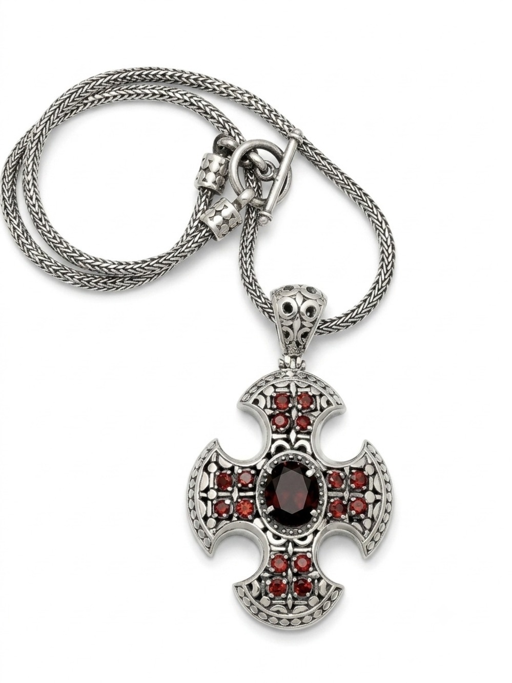 Jerusalem Cross crafted from sterling silver with Garnet inlay